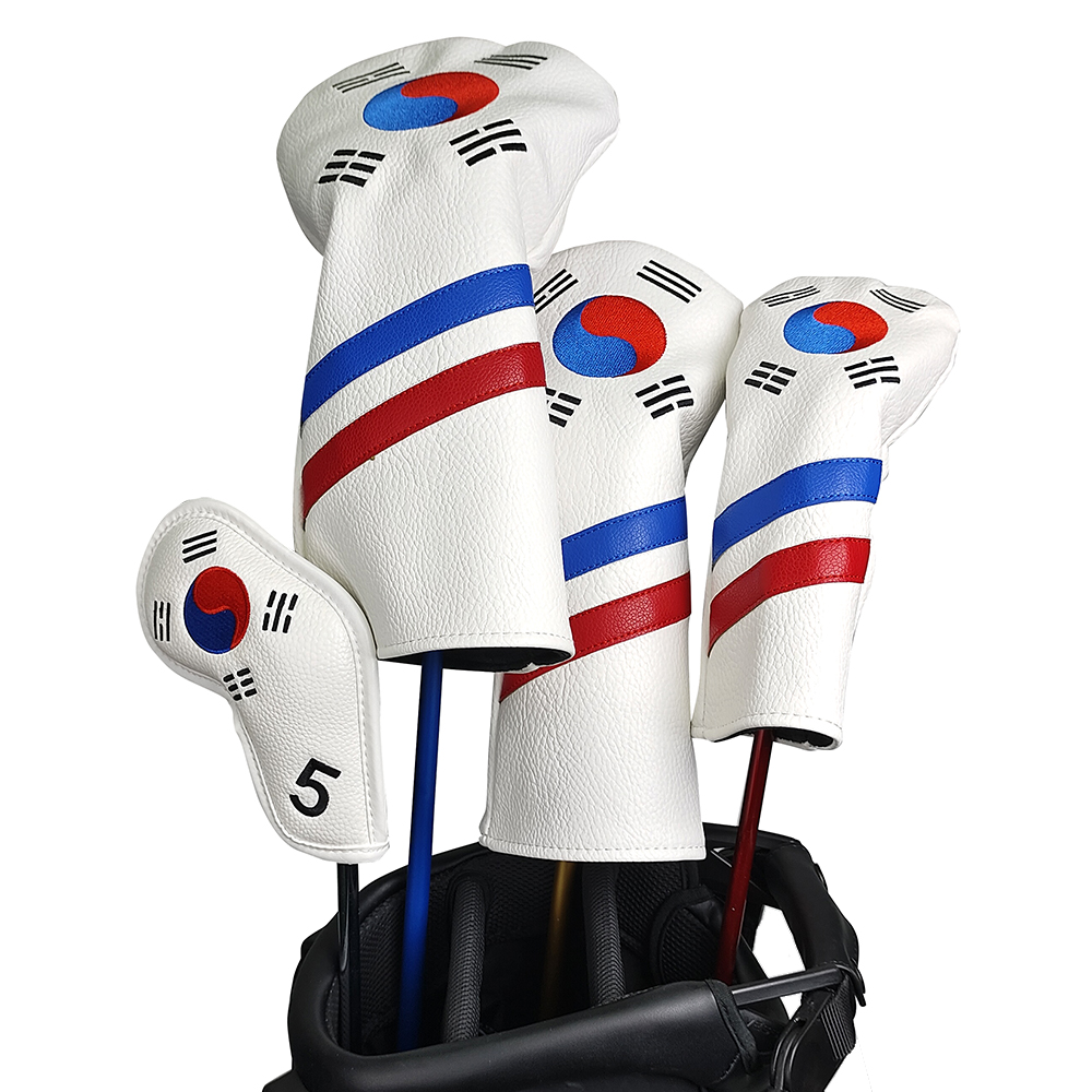 Golf Equipment Organizer - ชุดปลอกหุ้มหัวไม้กอล์ฟลายธงชาติเกาหลี - ปลอกหุ้มหัวไม้เหล็ก ไดรเวอร์ แฟร์เวย์ ไฮบริด